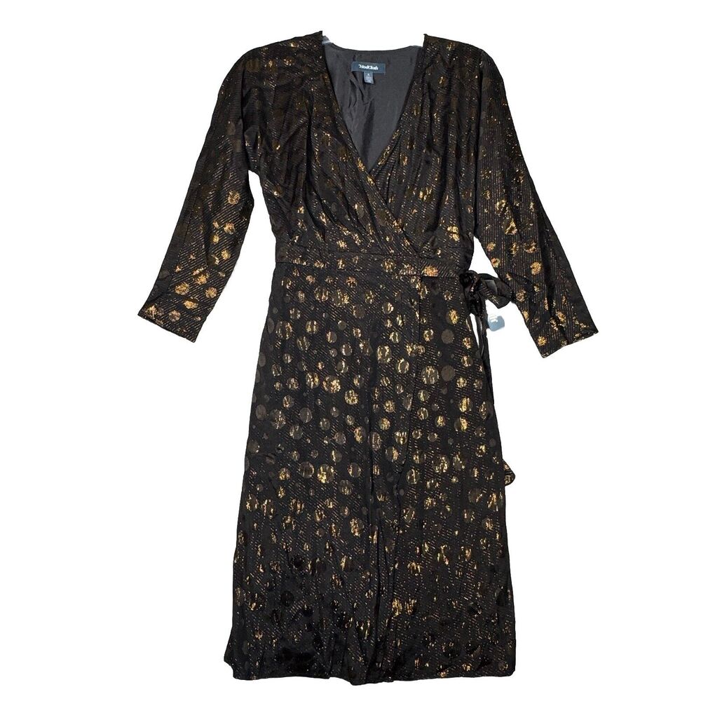 ModCloth Dress Womens Small Black Gold Polka Dot Wrap Party Glamorous Playful